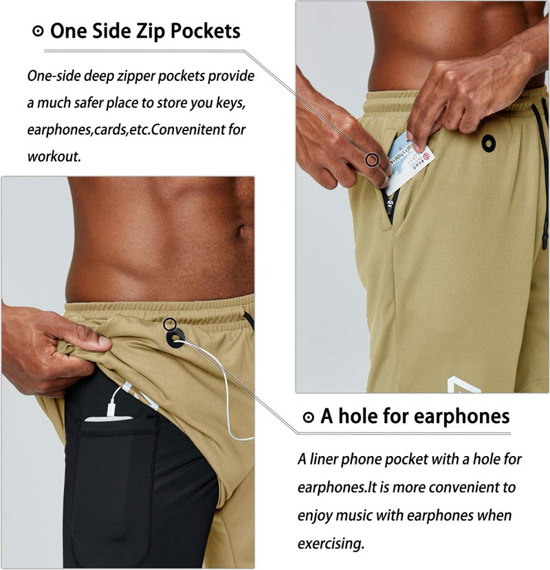 Pinkbomb Men's 2 in 1 Running Shorts Gym Workout Quick Dry Mens Shorts with Phone Pocket (Khaki, Large - Image 2